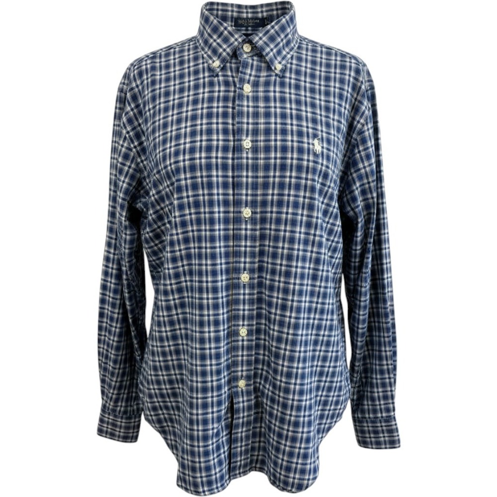 Ralph Lauren Kids Blue White Plaid Button Down Shirt L 14-16 Long Sleeve Cotton